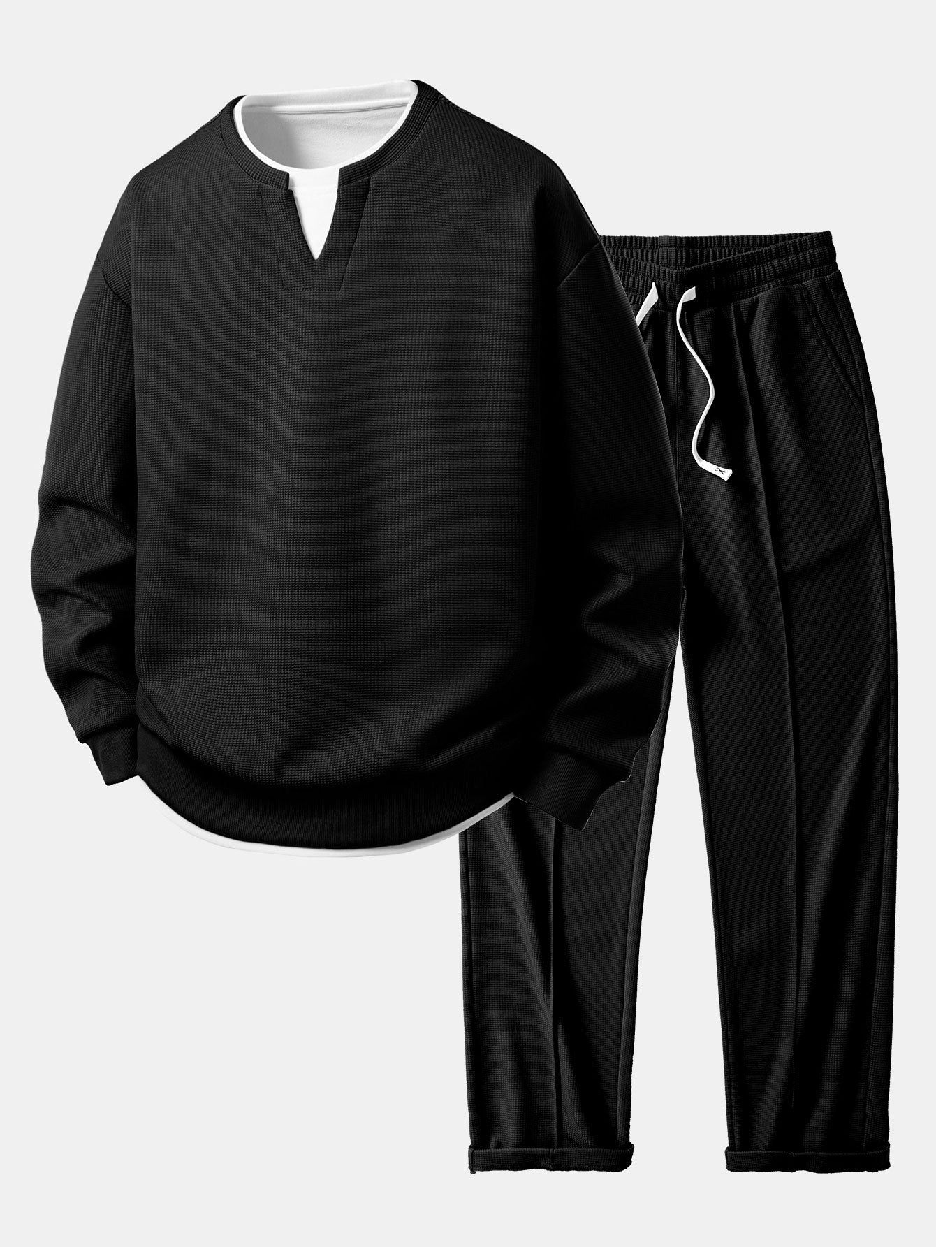 Sudadera 2 In 1 Waffle Notched Collar & Waffle Pleated Pintuck Straight Leg pantalón