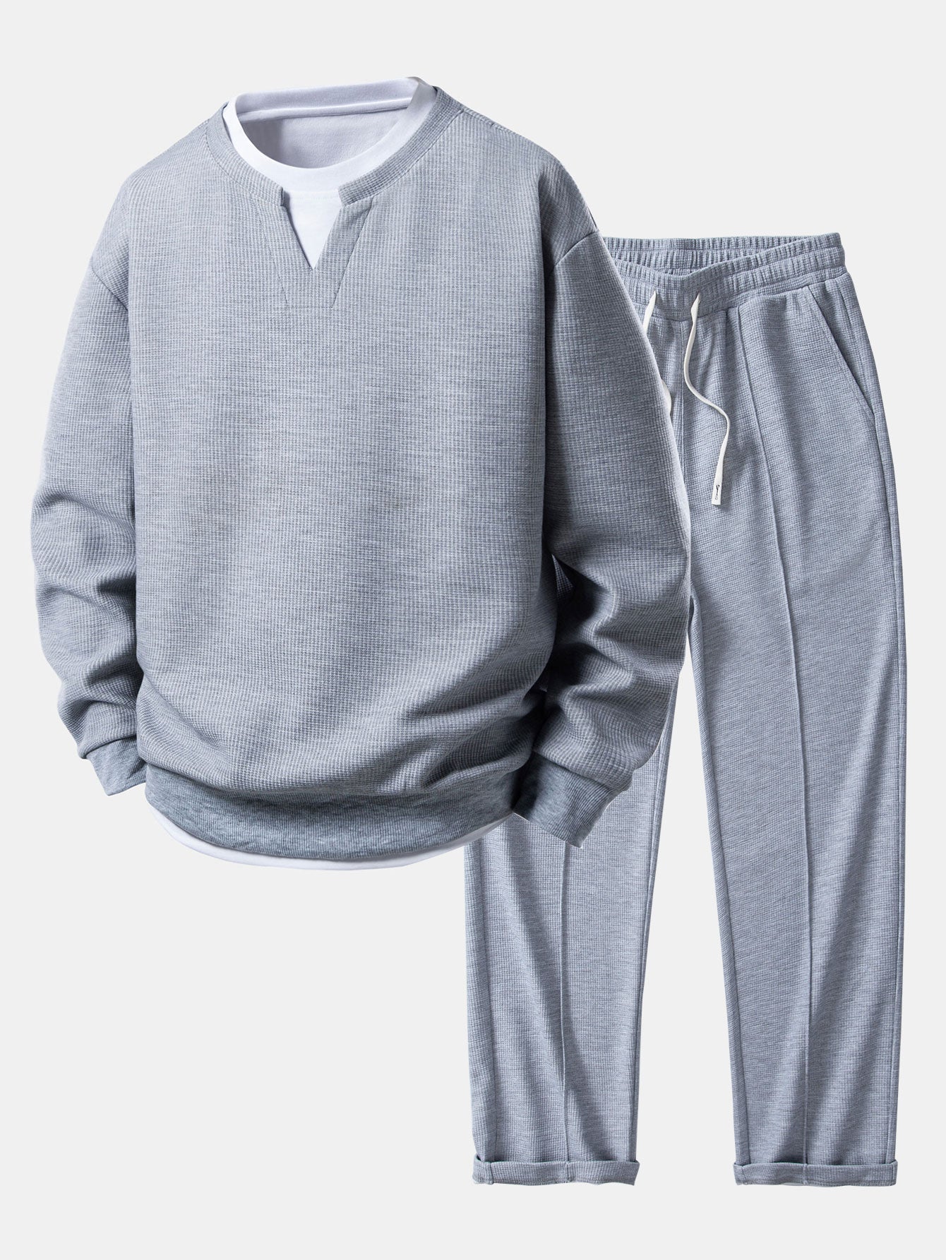 Sudadera 2 In 1 Waffle Notched Collar & Waffle Pleated Pintuck Straight Leg pantalón