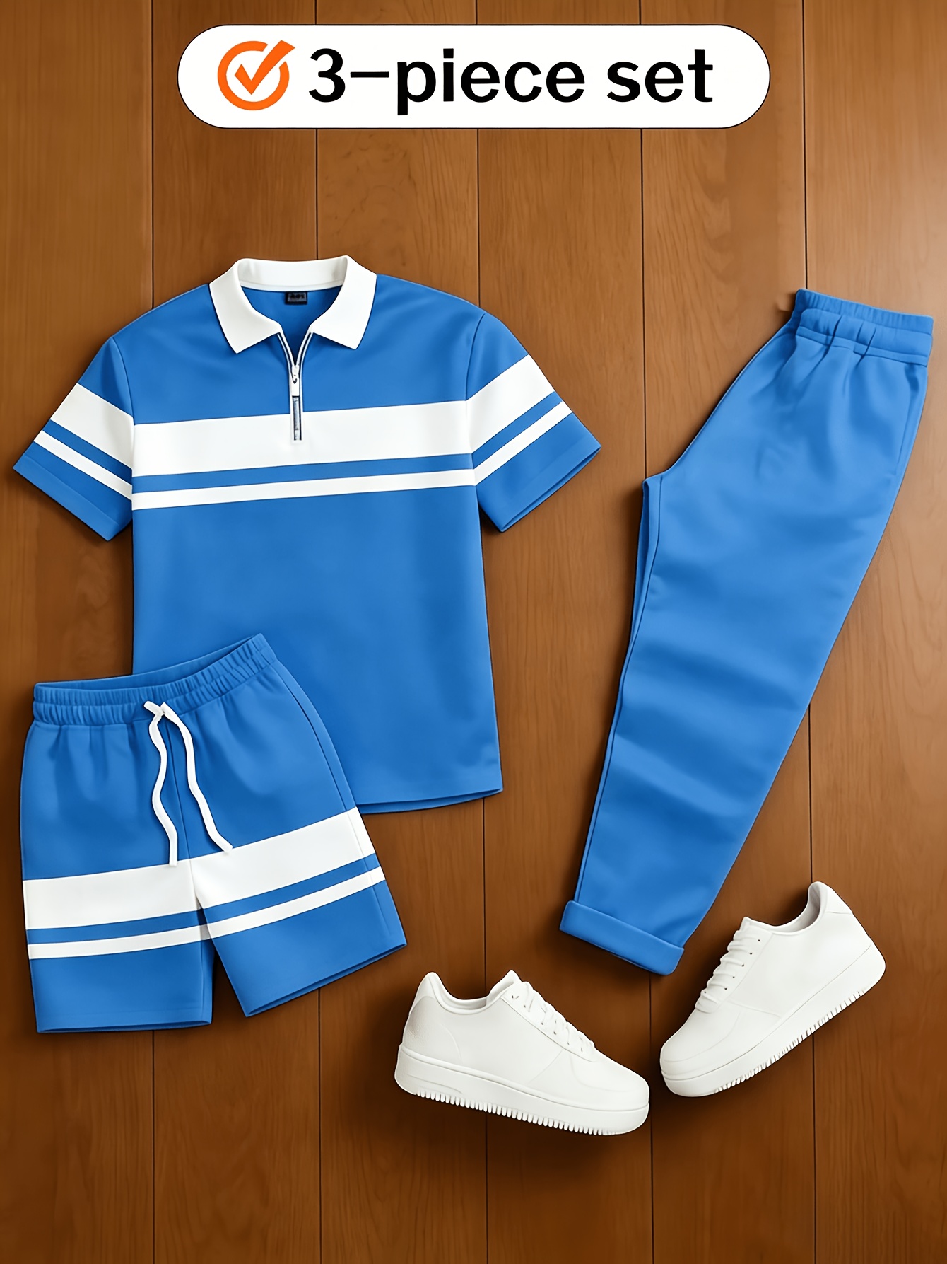 para hombre casual Matching vintage Style Checkered estampado Zipper de manga cortad camisa polo & Trousers & shorts 3Pcs