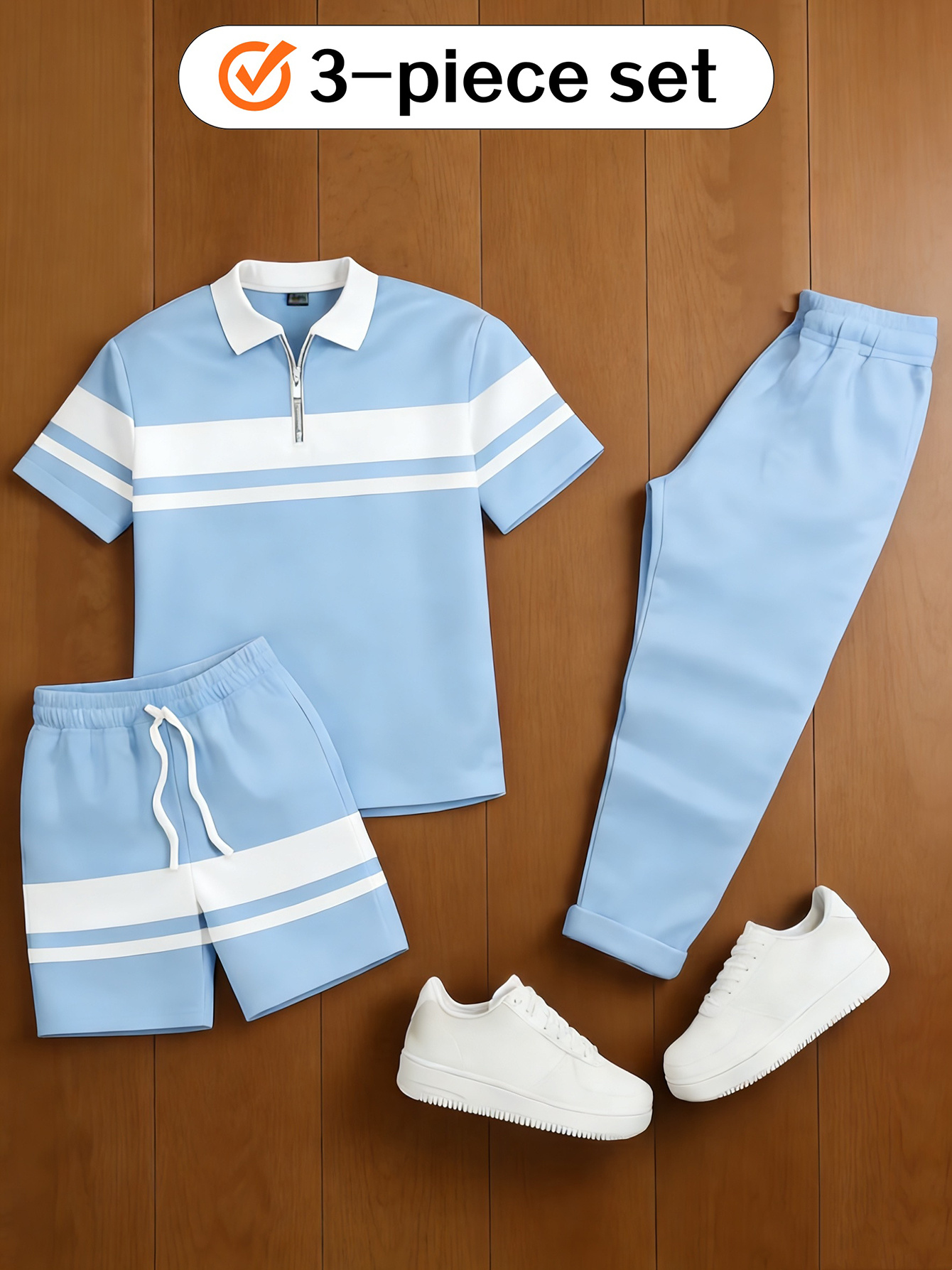 para hombre casual Matching vintage Style Checkered estampado Zipper de manga cortad camisa polo & Trousers & shorts 3Pcs