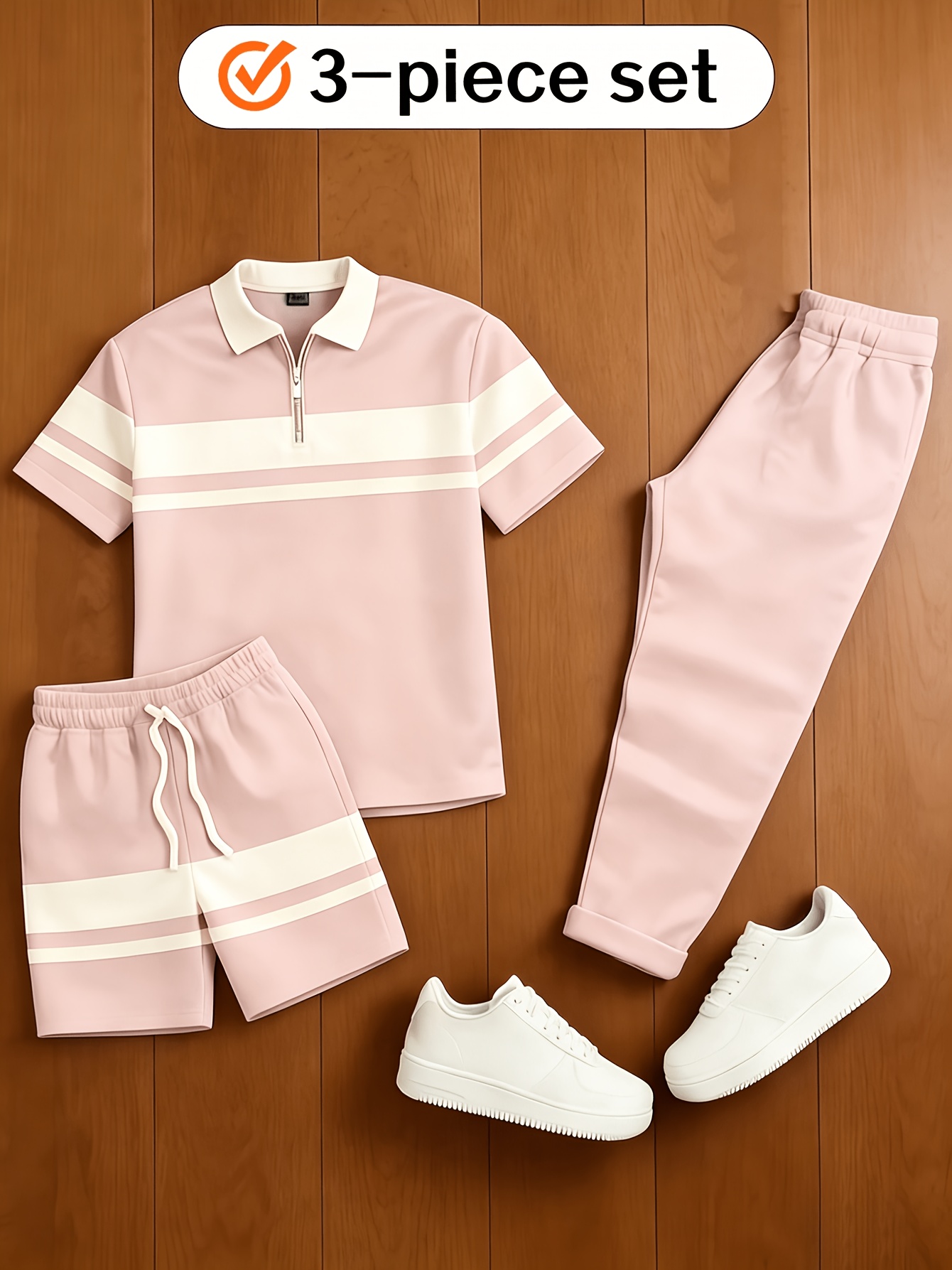 para hombre casual Matching vintage Style Checkered estampado Zipper de manga cortad camisa polo & Trousers & shorts 3Pcs