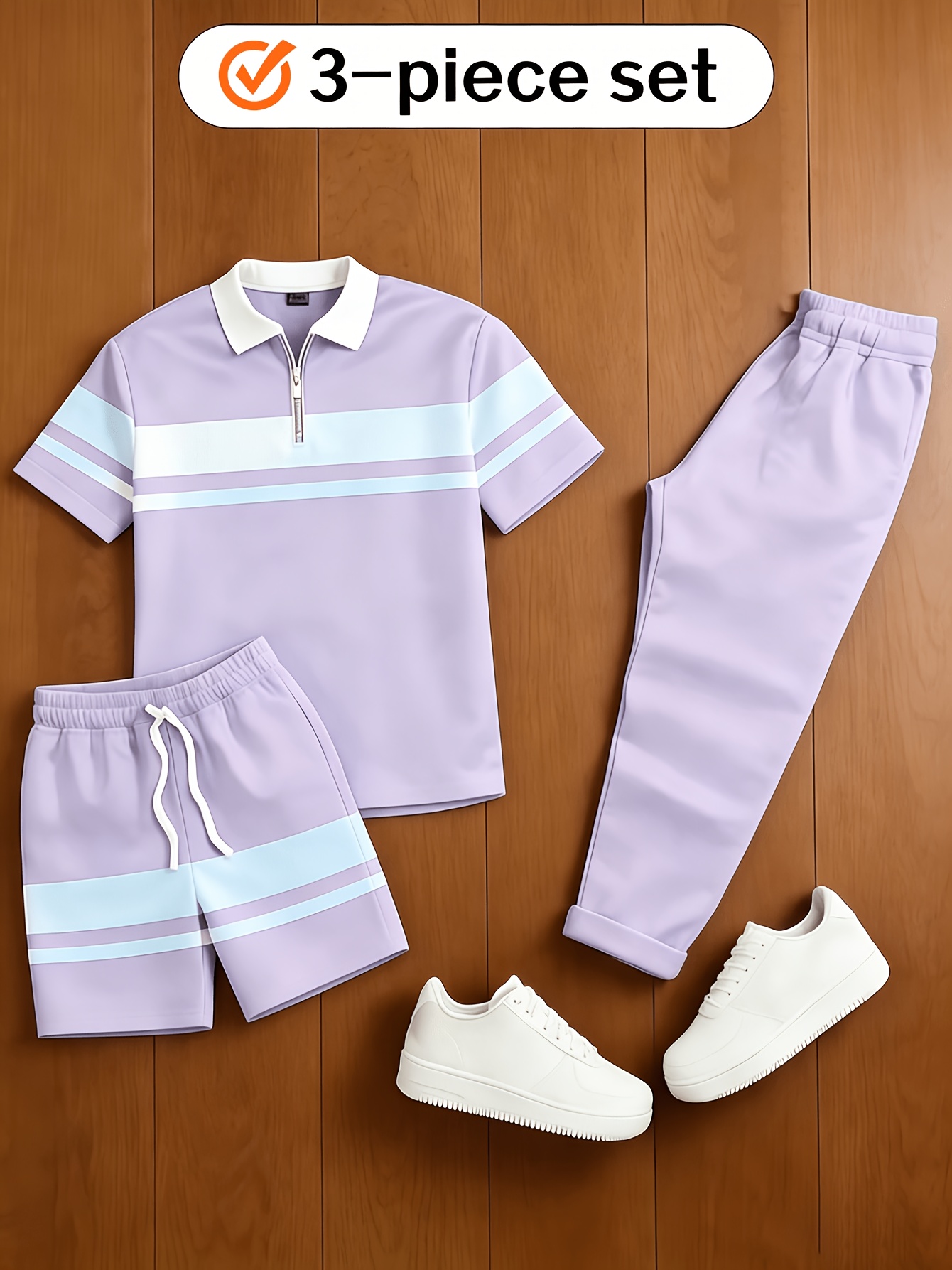 para hombre casual Matching vintage Style Checkered estampado Zipper de manga cortad camisa polo & Trousers & shorts 3Pcs
