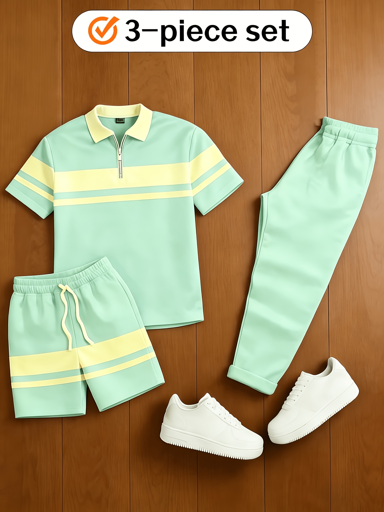 para hombre casual Matching vintage Style Checkered estampado Zipper de manga cortad camisa polo & Trousers & shorts 3Pcs