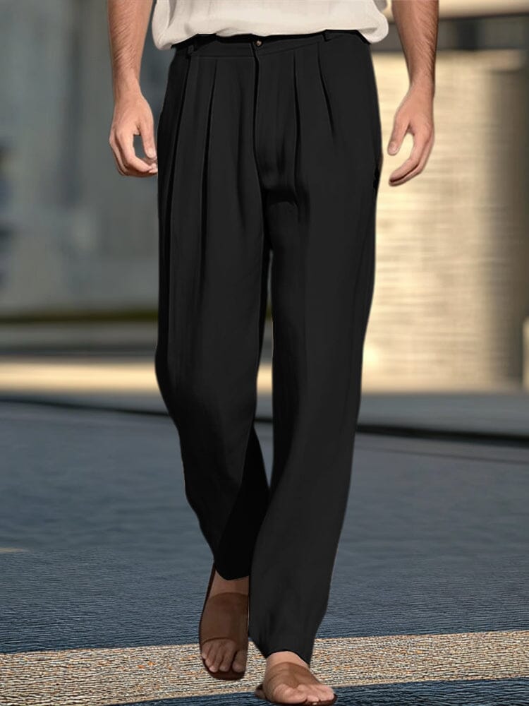 De algodón de lino Pleated Wide-Leg Trousers