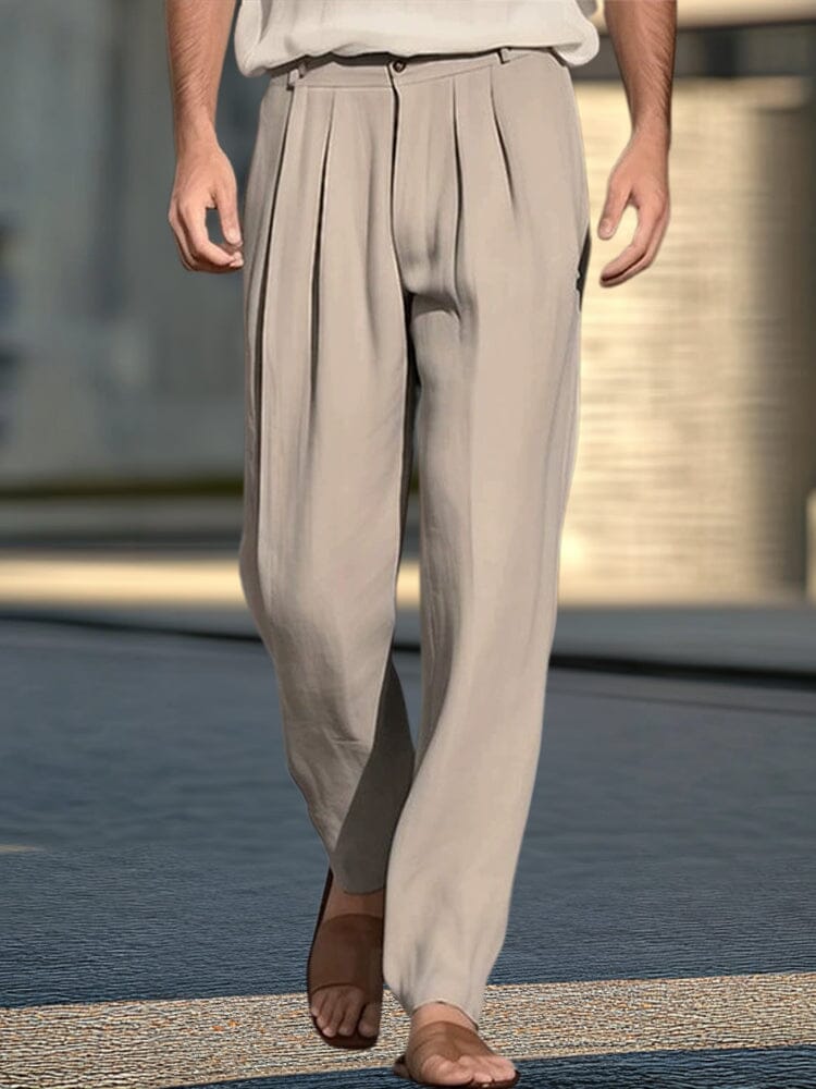 De algodón de lino Pleated Wide-Leg Trousers