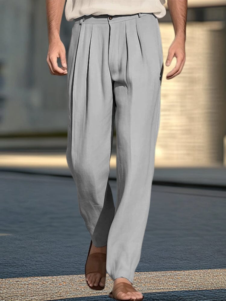 De algodón de lino Pleated Wide-Leg Trousers