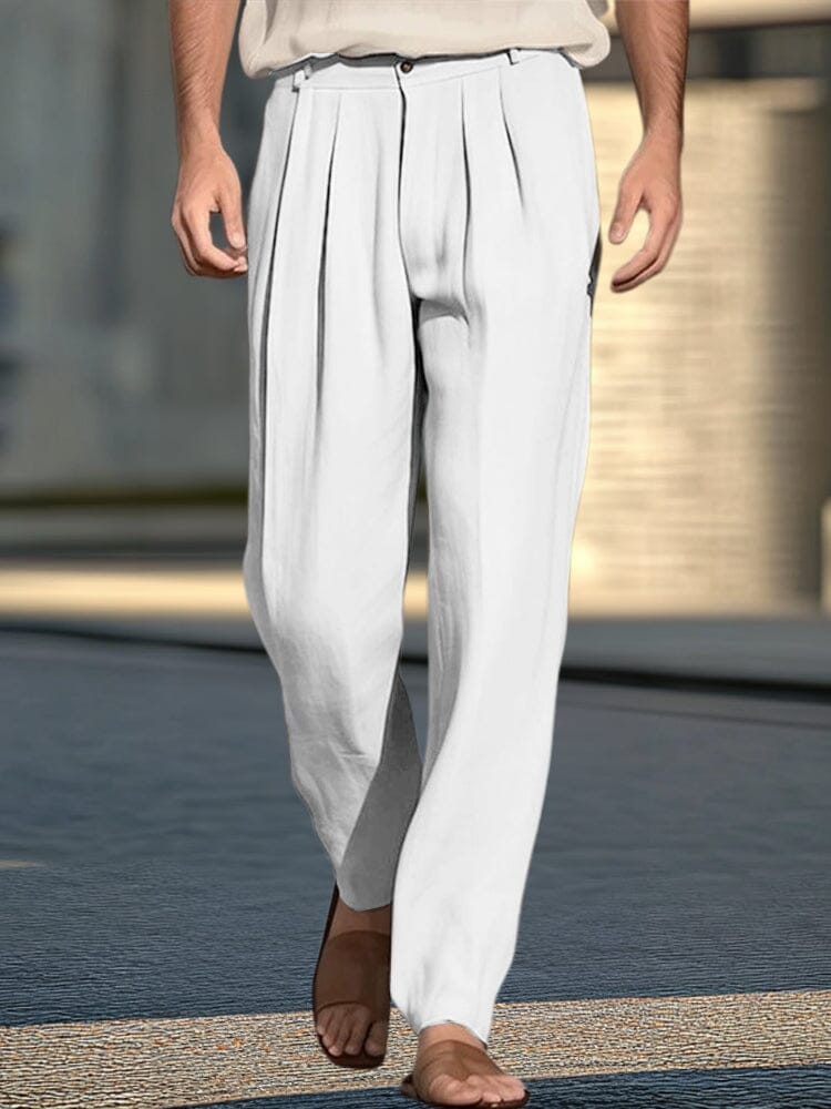 De algodón de lino Pleated Wide-Leg Trousers