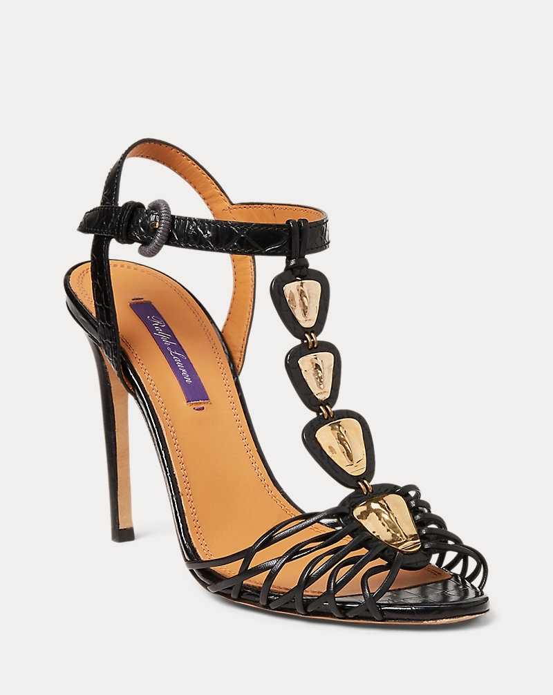 Sandalias Ralph Lauren Bryleigh Embossed Calfskin Mujer Negros | RWNHPJG-72 - vista 2