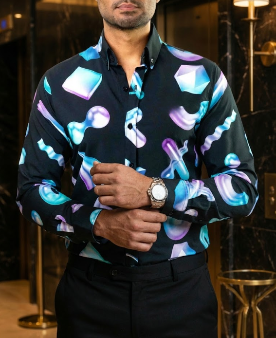 Camisa casual de corte entallado Black Geometric 3D para hombre