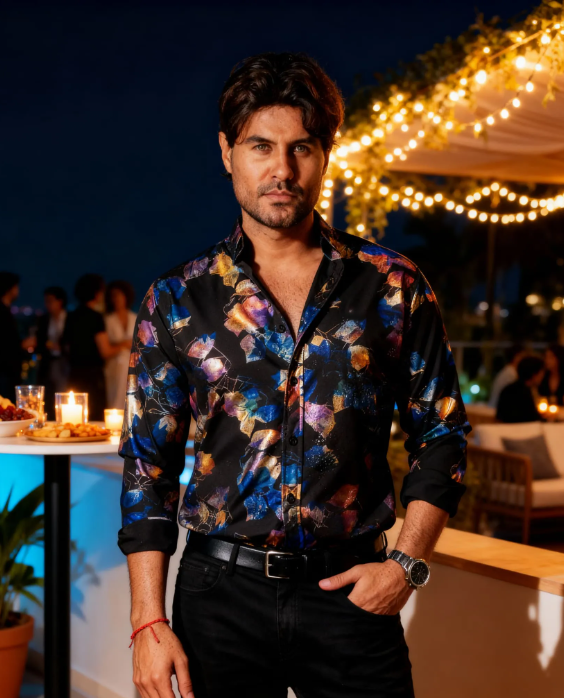 Camisa casual de corte entallado black flowers
