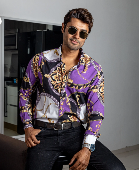 Camisa casual man purple and black circles