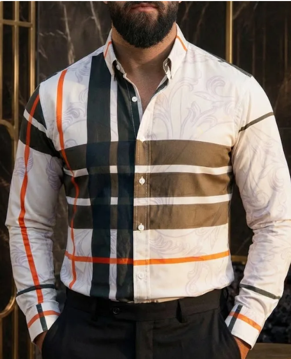 Camisa casual cream chocolate orange lines flowers para hombre