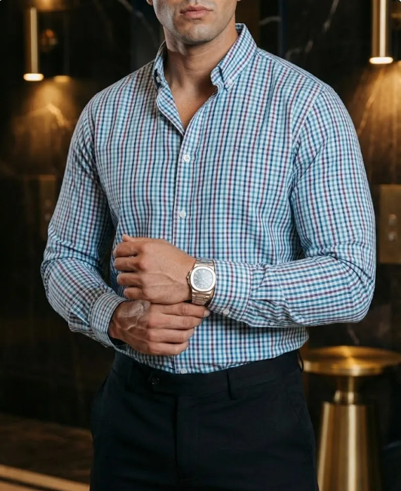 Camisa casual man white squares green and blue