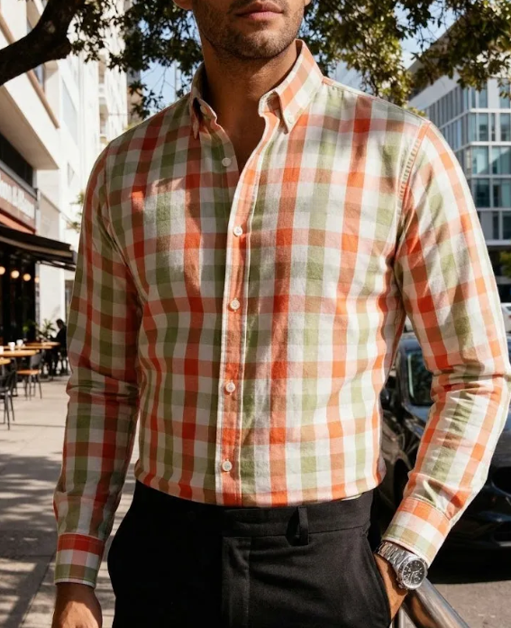 Camisa casual man pink and white squares green