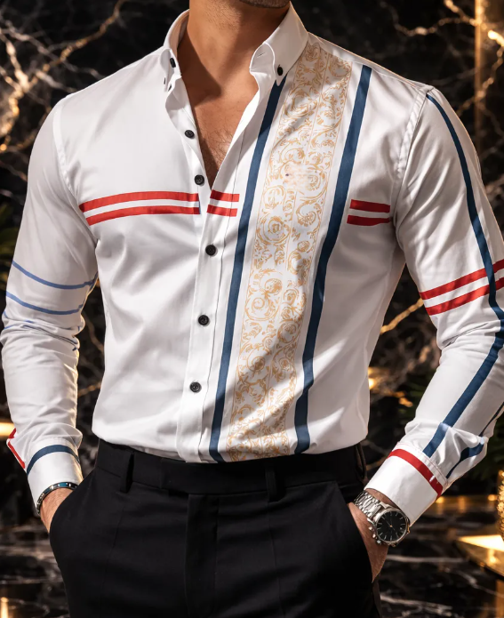 Camisa white casual man rayas blue, red flowers