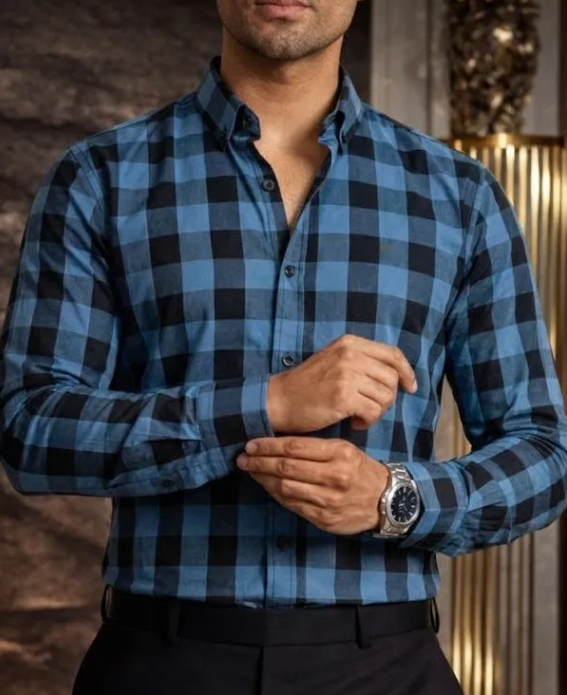 Camisa casual , Navy Blue and Black Checkered para hombre