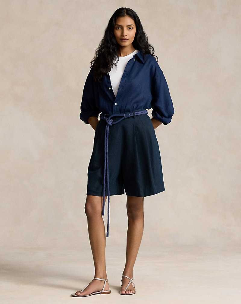 Short Ralph Lauren Long Pleated Linen Mujer Azul Marino | XPUJHNK-54 - vista 1