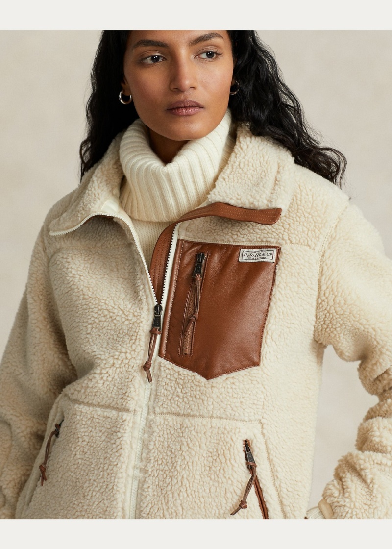 Sudadera Cuero-Trim High-Pile Fleece Jackets Mujer Beige | MJRW65901 - vista 2