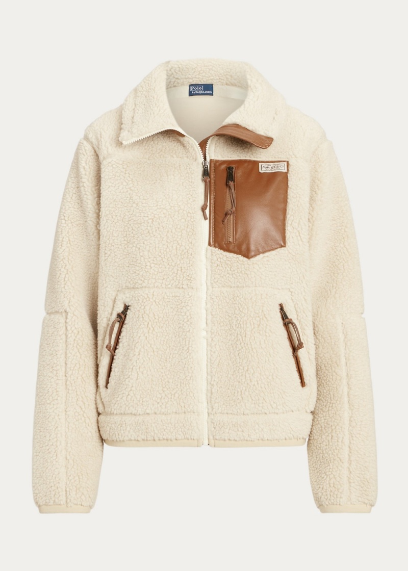 Sudadera Cuero-Trim High-Pile Fleece Jackets Mujer Beige | MJRW65901 - vista 4