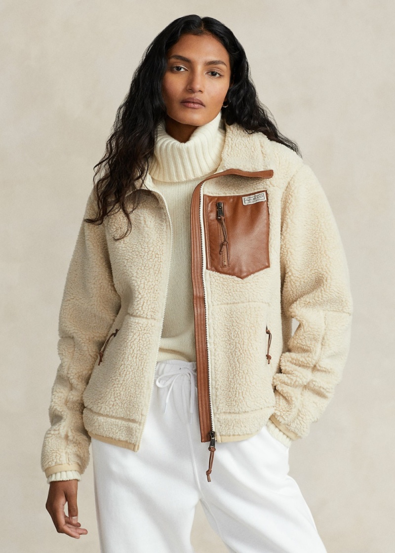 Sudadera Cuero-Trim High-Pile Fleece Jackets Mujer Beige | MJRW65901 - vista 1