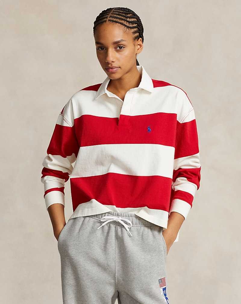 Sudaderas Ralph Lauren Striped Cropped Jersey Rugby Mujer Deckwash Wht/RL2000 Rd St | OMSHLVZ-72 - vista 1
