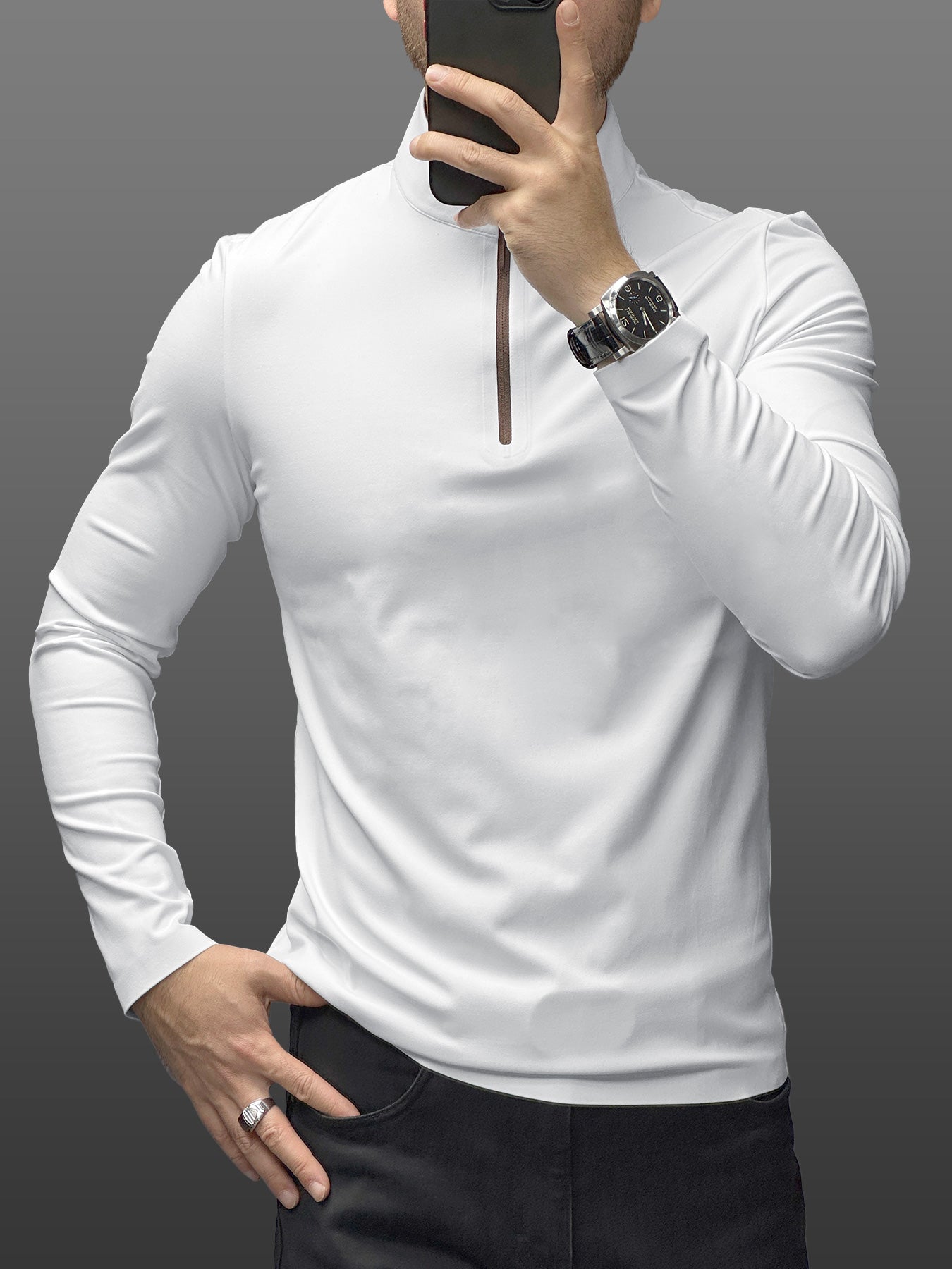 SmoothBlend de corte entallado Half Zip Mock Neck Tee: Zip Contrast Color