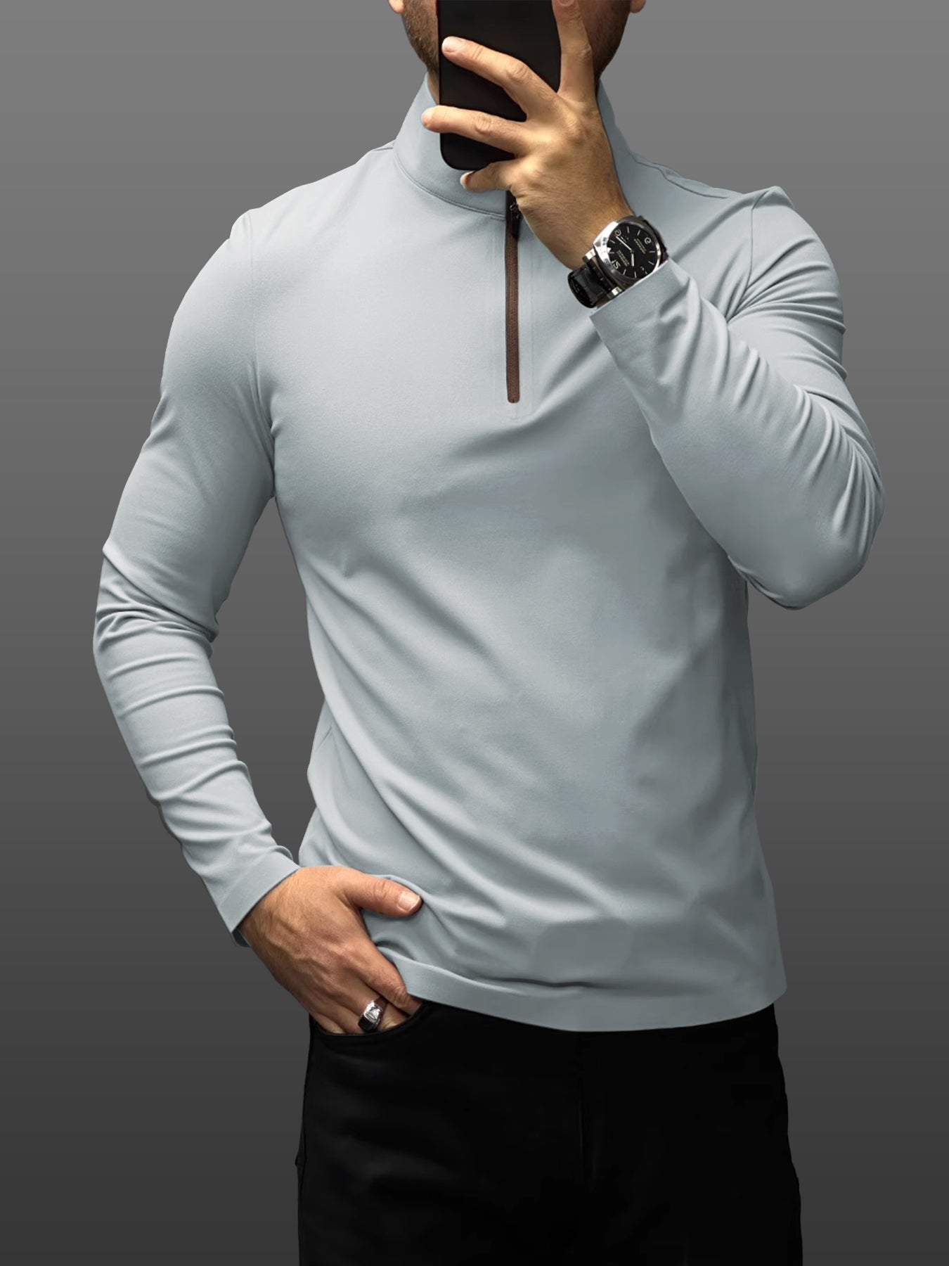 SmoothBlend de corte entallado Half Zip Mock Neck Tee: Zip Contrast Color