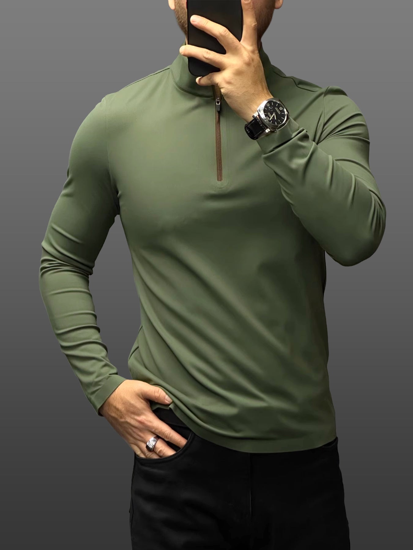 SmoothBlend de corte entallado Half Zip Mock Neck Tee: Zip Contrast Color
