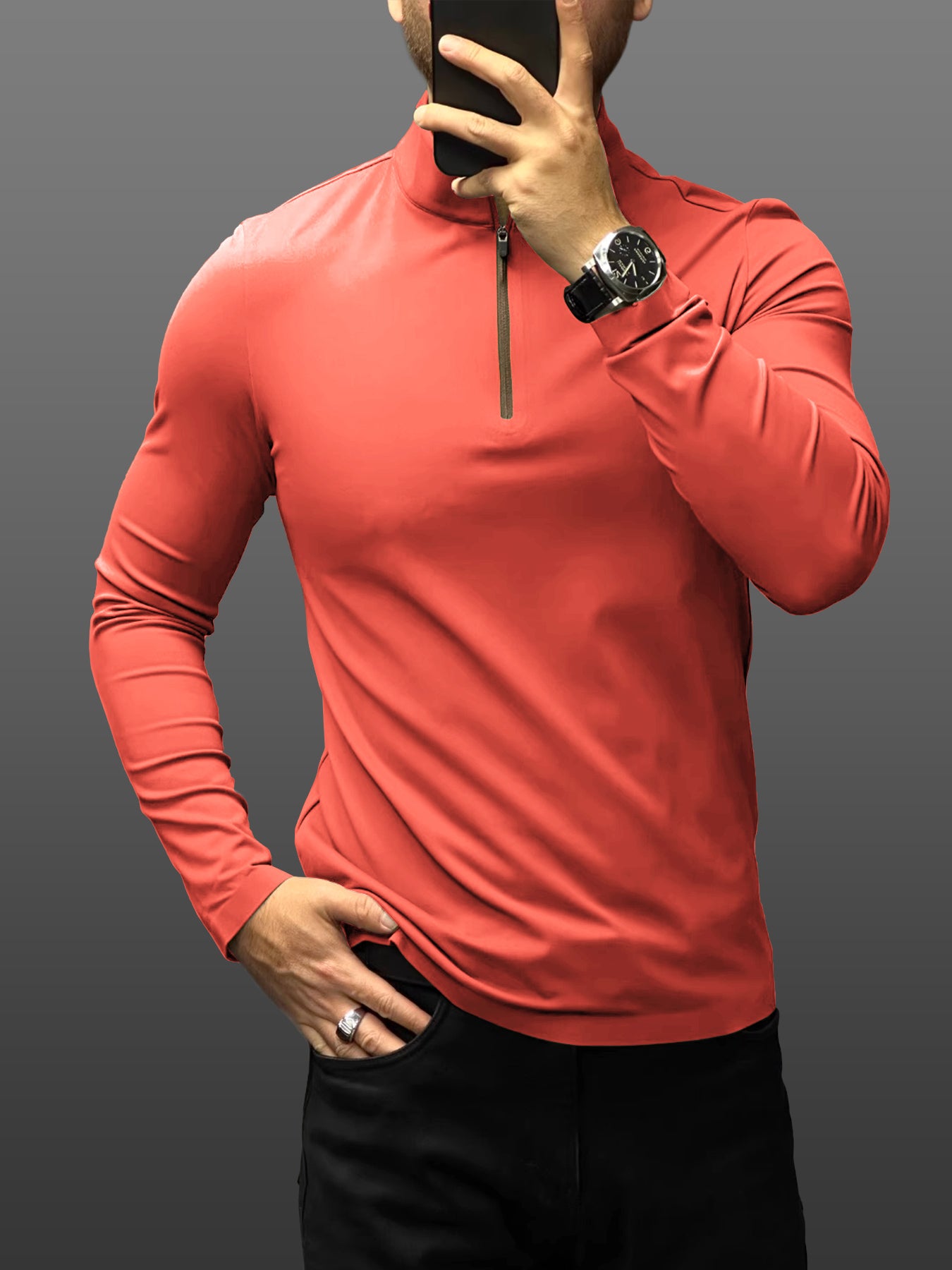 SmoothBlend de corte entallado Half Zip Mock Neck Tee: Zip Contrast Color