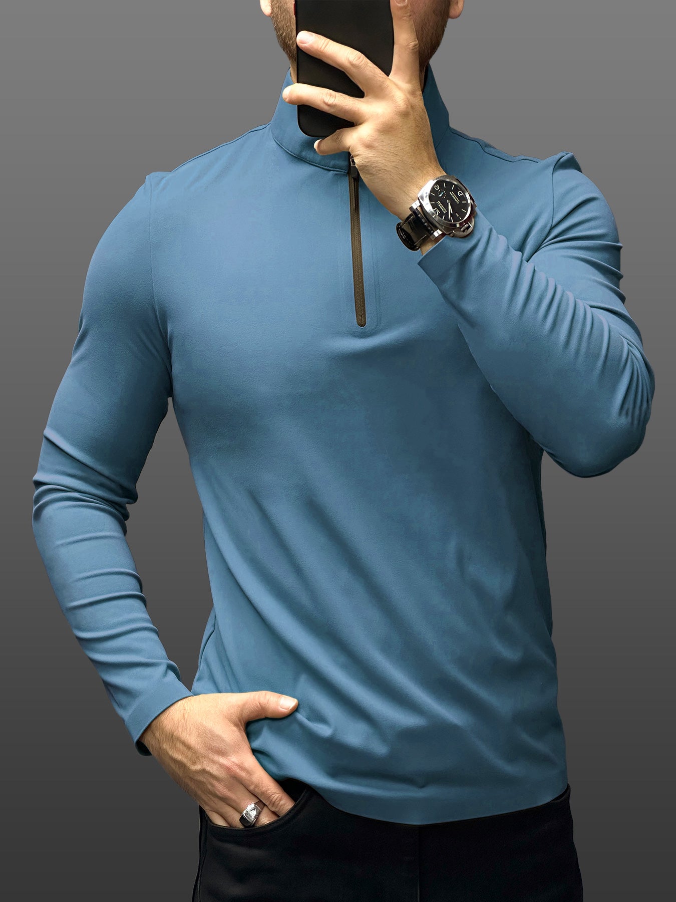 SmoothBlend de corte entallado Half Zip Mock Neck Tee: Zip Contrast Color