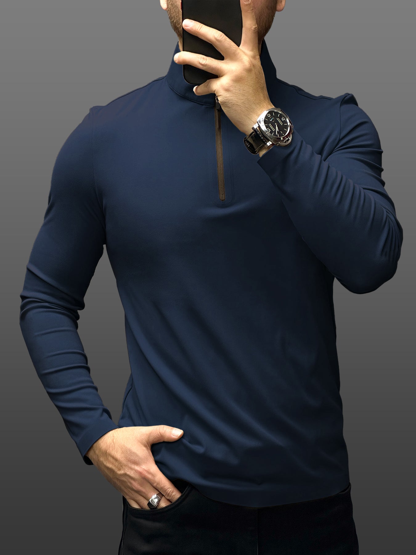 SmoothBlend de corte entallado Half Zip Mock Neck Tee: Zip Contrast Color