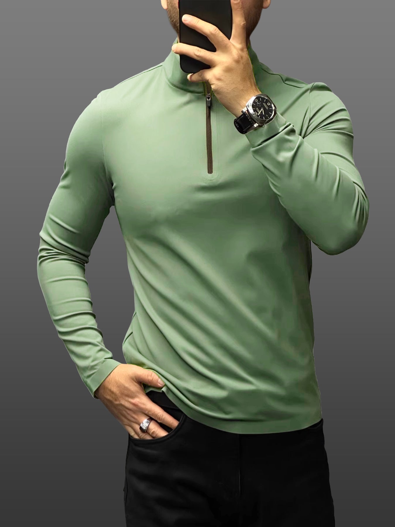 SmoothBlend de corte entallado Half Zip Mock Neck Tee: Zip Contrast Color