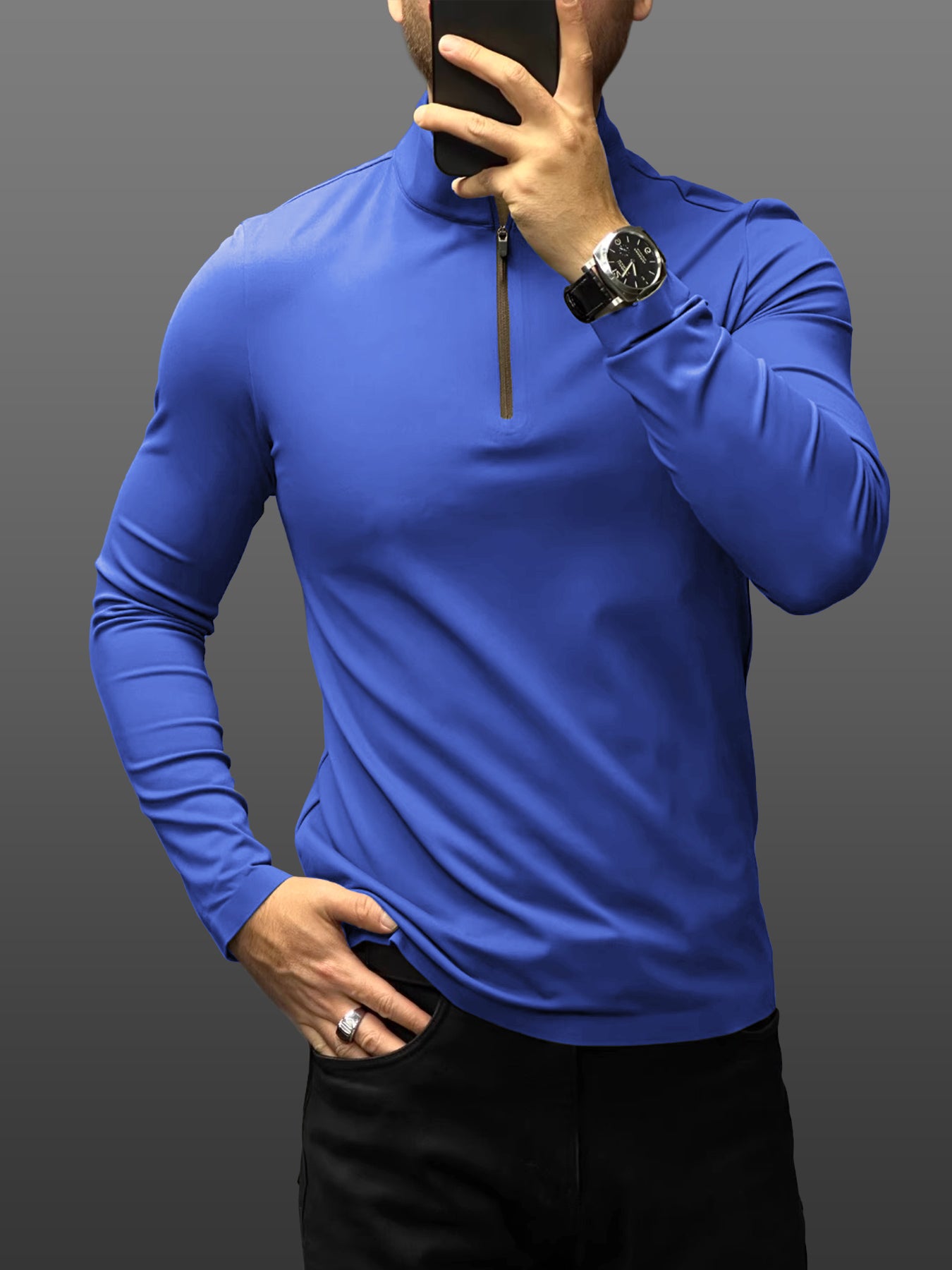 SmoothBlend de corte entallado Half Zip Mock Neck Tee: Zip Contrast Color