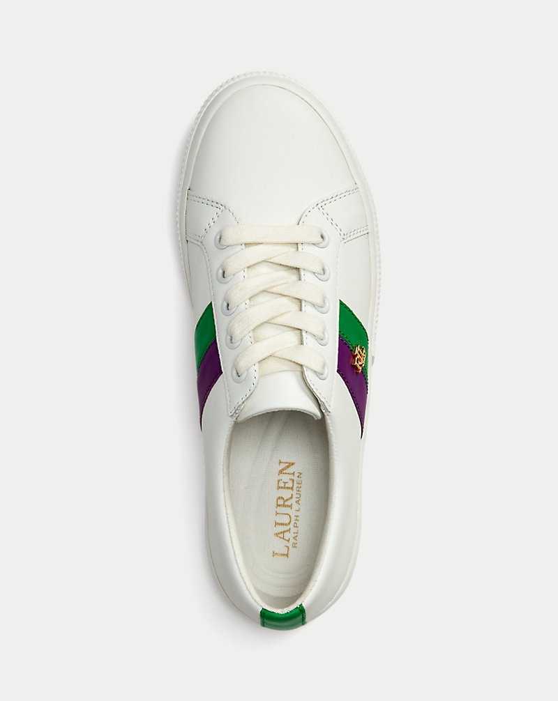 Tenis Ralph Lauren Janson II Leather Mujer Snow White/Grn Tpz/Prpl J | KXGCOBU-74 - vista 4