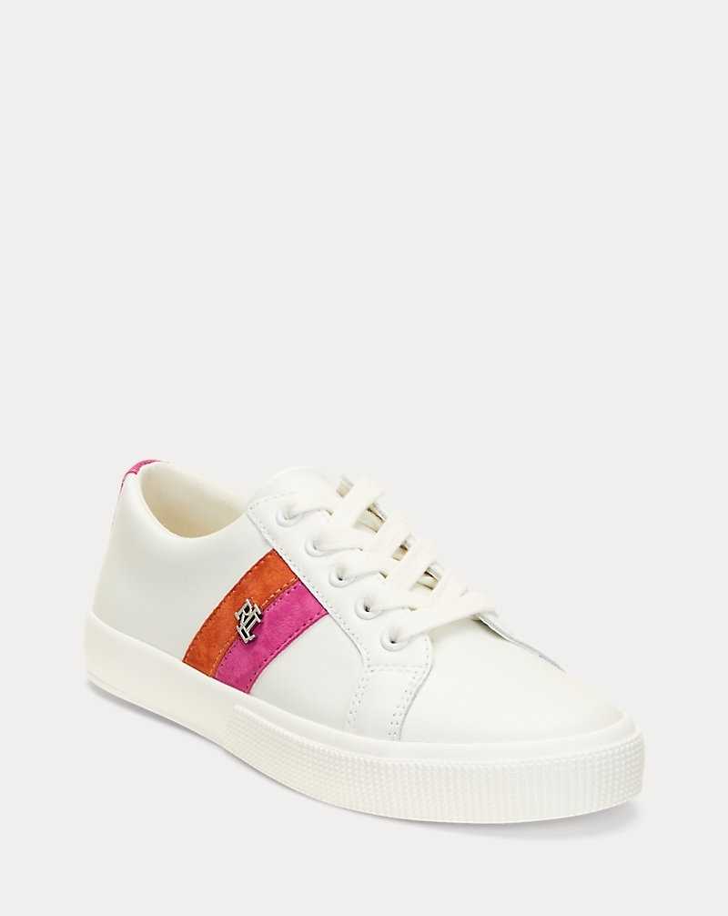 Tenis Ralph Lauren Janson II Leather Suede Mujer Snow White/Fuchsia Berry | GMHWQNZ-87 - vista 2