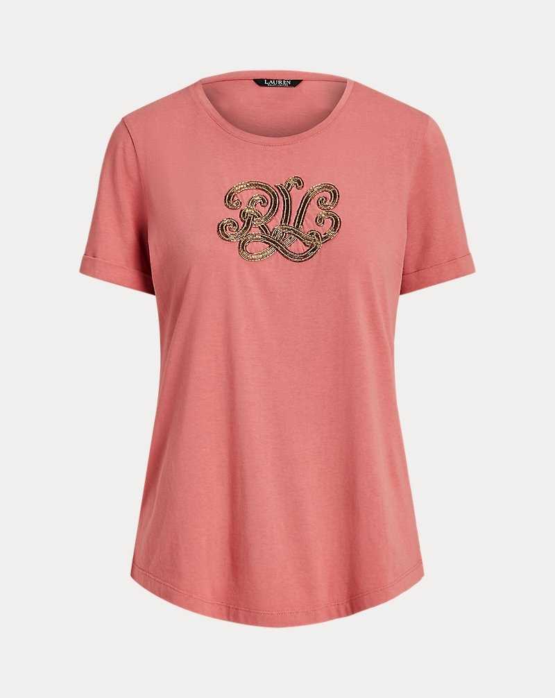 Tops Ralph Lauren Beaded-Logo Cotton-Blend-Jersey Tee Mujer Rosas | QGJMDIV-52 - vista 2