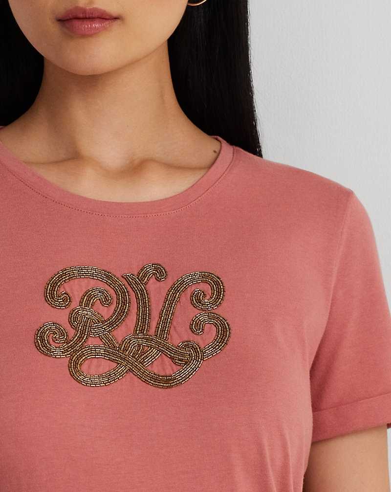 Tops Ralph Lauren Beaded-Logo Cotton-Blend-Jersey Tee Mujer Rosas | QGJMDIV-52 - vista 5