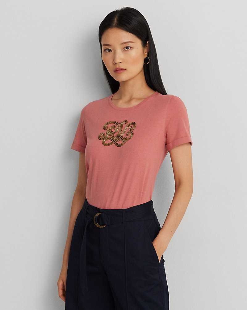Tops Ralph Lauren Beaded-Logo Cotton-Blend-Jersey Tee Mujer Rosas | QGJMDIV-52 - vista 1