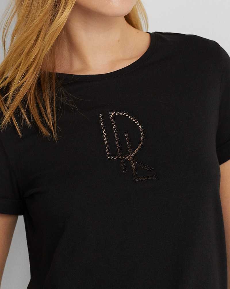 Tops Ralph Lauren Beaded-Logo Cotton-Blend-Jersey Tee Mujer Negros | WPVDJSM-46 - vista 5