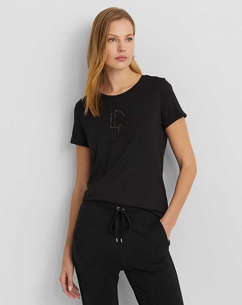 Tops Ralph Lauren Beaded-Logo Cotton-Blend-Jersey Tee Mujer Negros | WPVDJSM-46 - vista 1