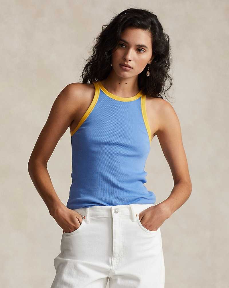 Tops Ralph Lauren Contrast-Trim Rib-Knit Cotton Top Mujer Amarillos | SGRXVIF-07 - vista 1