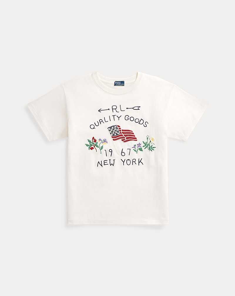 Tops Ralph Lauren Embroidered Flag Cotton Tee Mujer Creme | CYDGQSR-62 - vista 2
