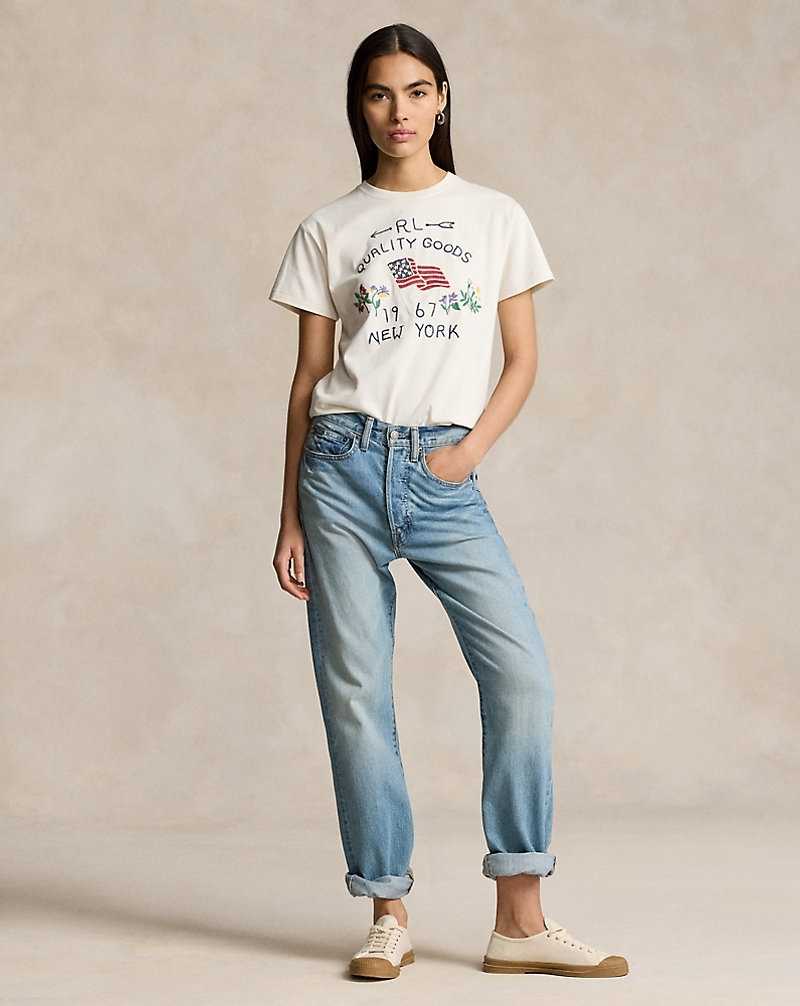 Tops Ralph Lauren Embroidered Flag Cotton Tee Mujer Creme | CYDGQSR-62 - vista 3