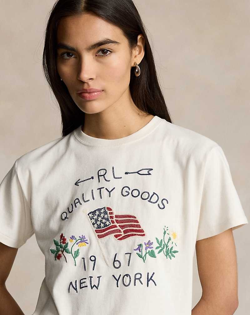Tops Ralph Lauren Embroidered Flag Cotton Tee Mujer Creme | CYDGQSR-62 - vista 5
