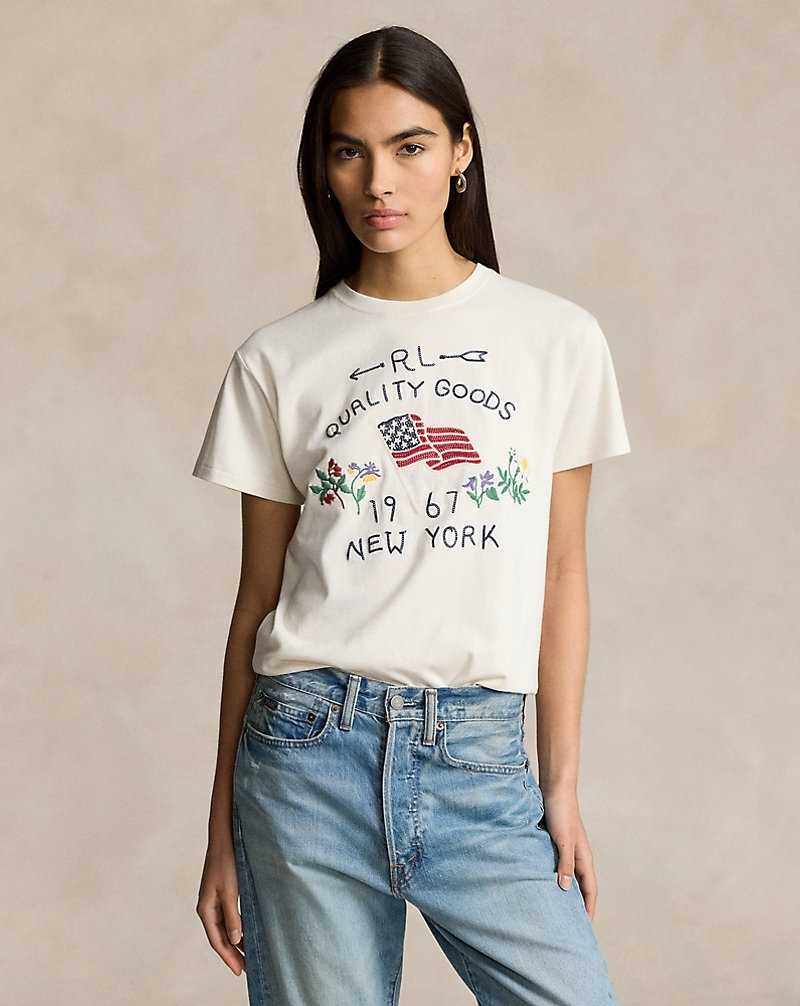Tops Ralph Lauren Embroidered Flag Cotton Tee Mujer Creme | CYDGQSR-62 - vista 1