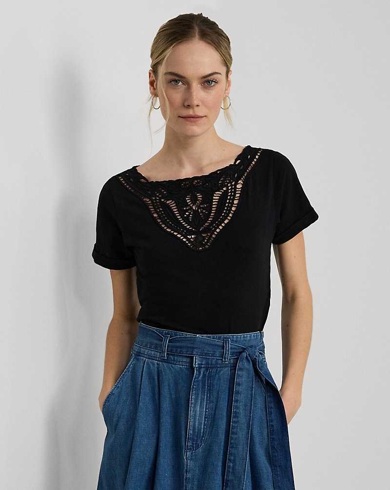 Tops Ralph Lauren Eyelet Slub Jersey Boatneck Tee Mujer Negros | HSYJMOP-70 - vista 1