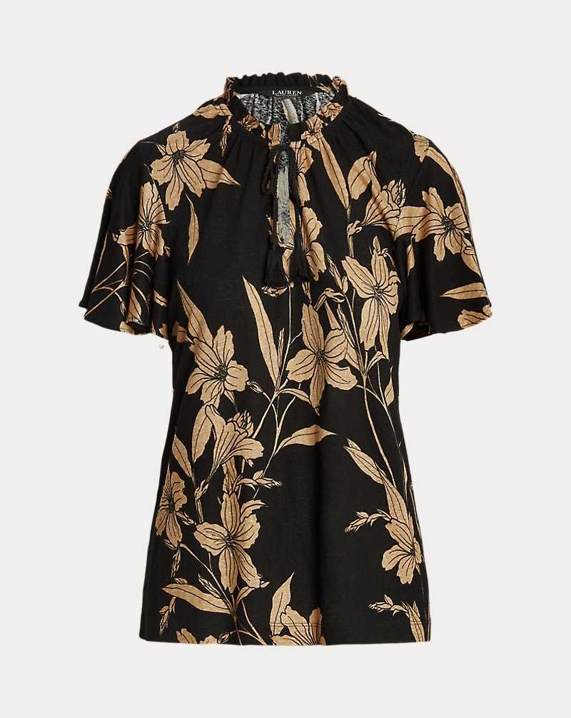 Tops Ralph Lauren Floral Linen-Blend Jersey Tie-Neck Top Mujer Black/Tan | SHLCPKR-16 - vista 2