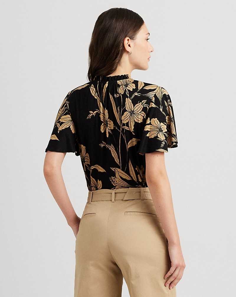 Tops Ralph Lauren Floral Linen-Blend Jersey Tie-Neck Top Mujer Black/Tan | SHLCPKR-16 - vista 4
