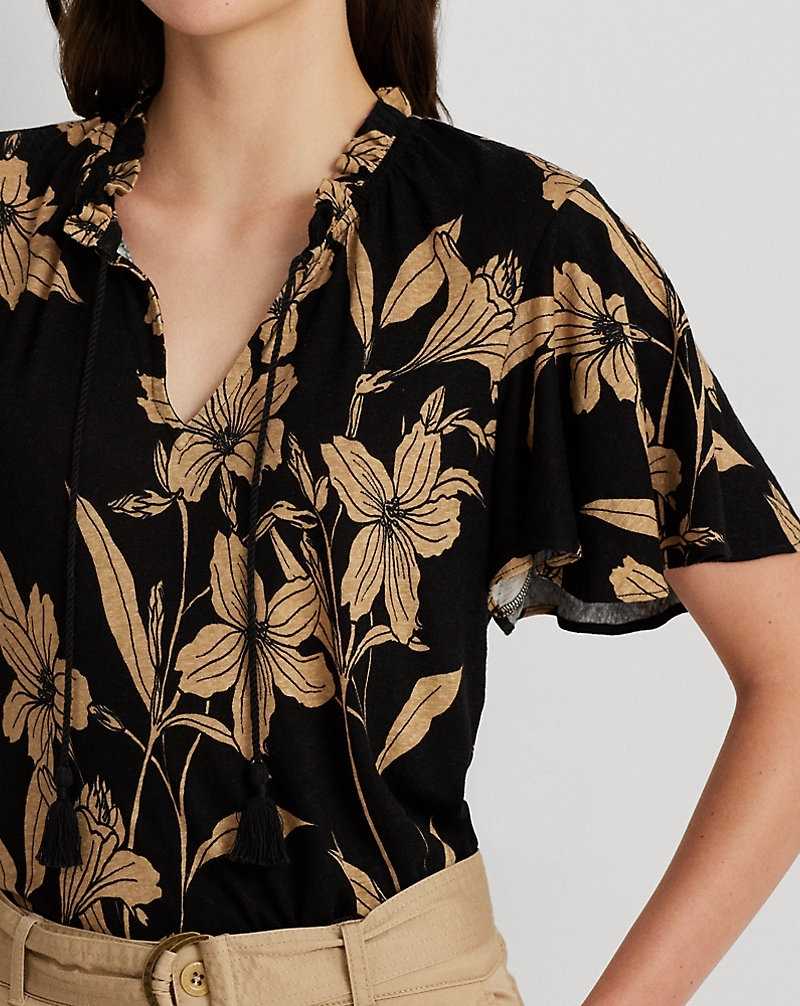 Tops Ralph Lauren Floral Linen-Blend Jersey Tie-Neck Top Mujer Black/Tan | SHLCPKR-16 - vista 5