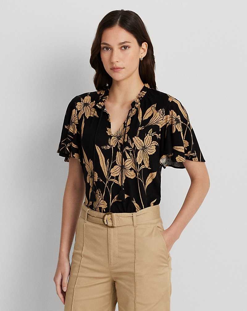 Tops Ralph Lauren Floral Linen-Blend Jersey Tie-Neck Top Mujer Black/Tan | SHLCPKR-16 - vista 1